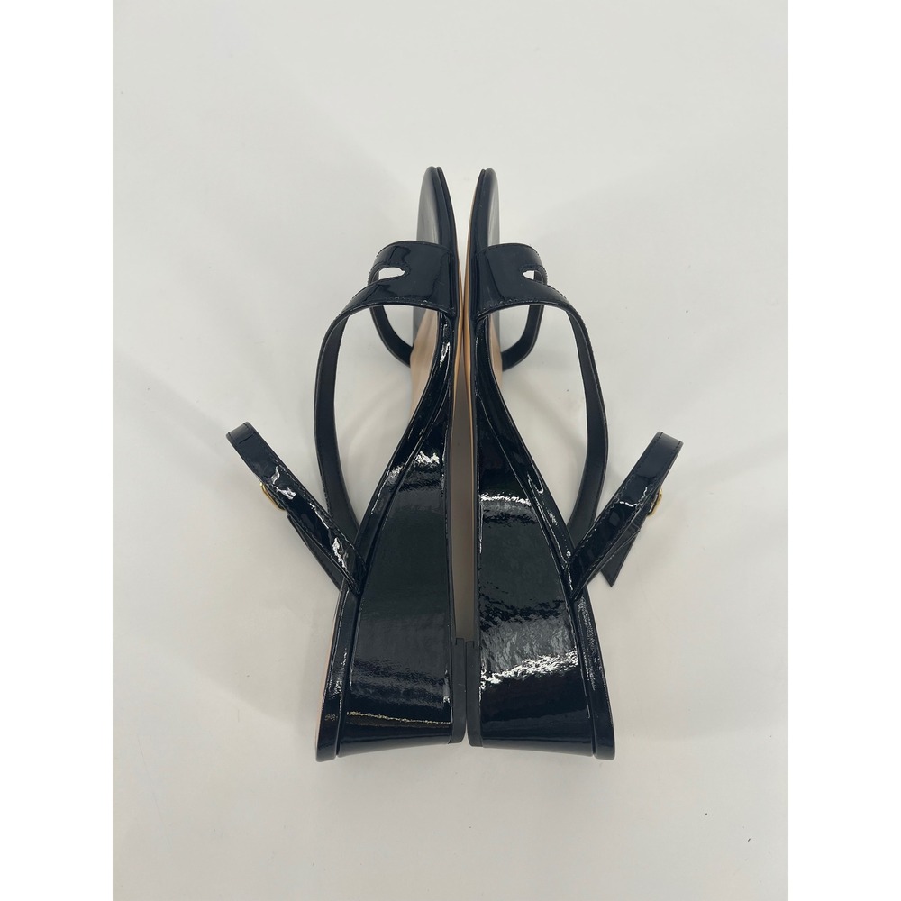 Stuart Weitzman Black Patent Leather Strappy Wedge Sandals Gold Buckle Size 8 - Picture 5 of 8